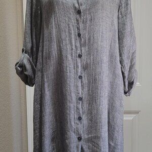 FLAX 100% Linen Duster Shirt Dress SMALL Gray Woven Chevron Tab Sleeve Button
